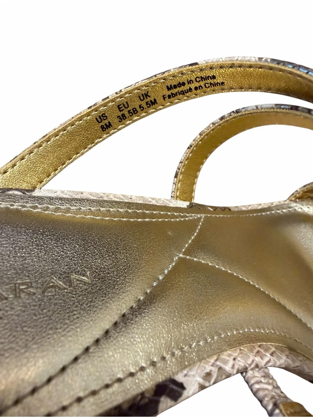 Donna Karan NY Snake Print Leather Gold Chain Mule Heels Sandals Size 8 NWOB